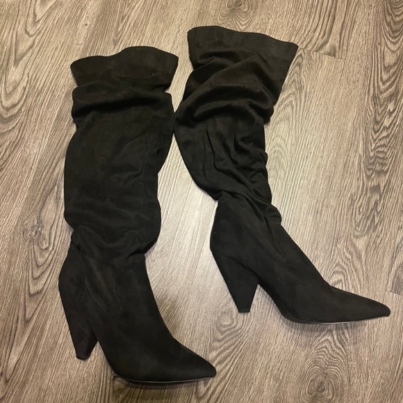 Black Suede Cone heel Knee-High Boots - Picture 1 of 7